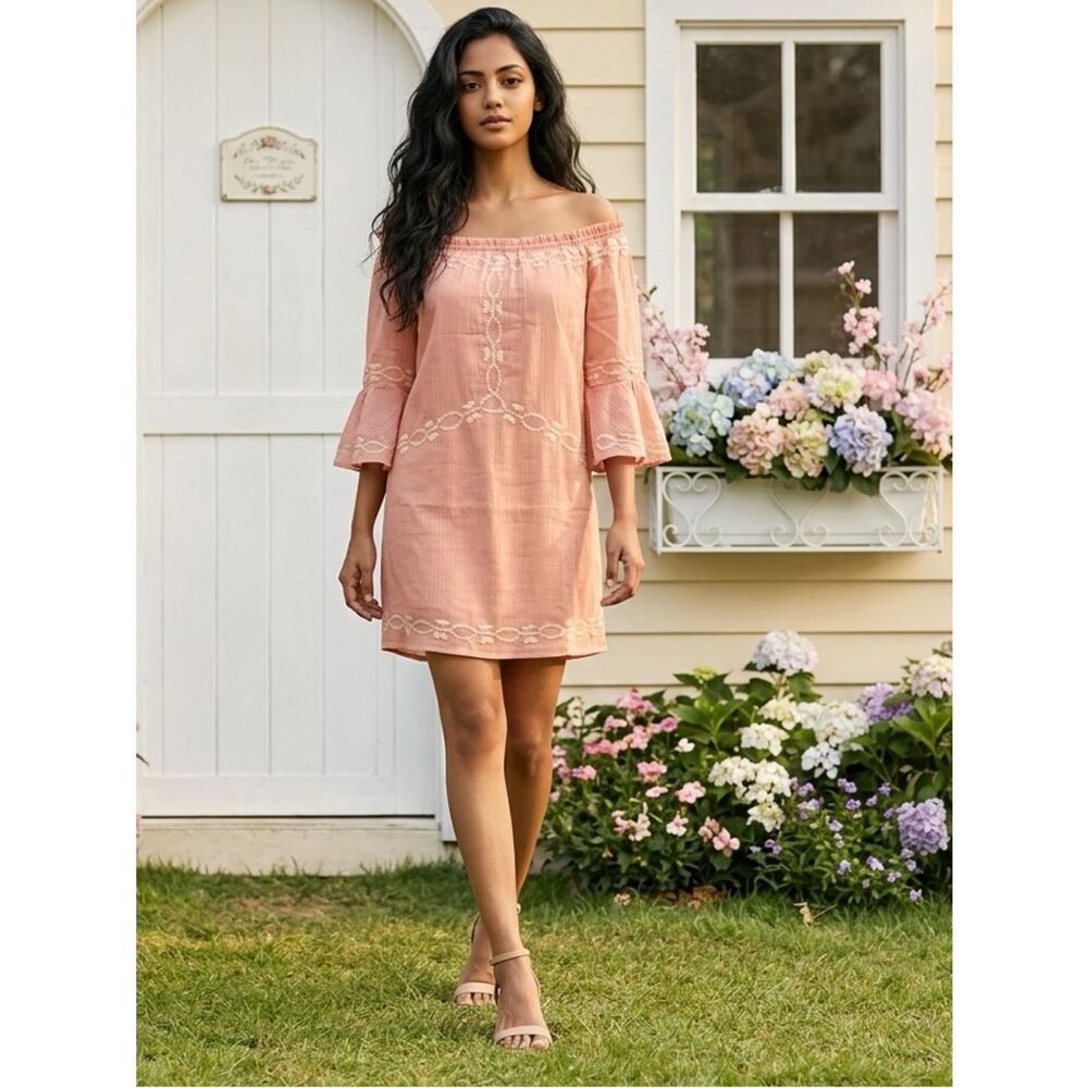 NWT Foxiedox Coral/Peach Off The Shoulder Boho Embroidered Dress - Small